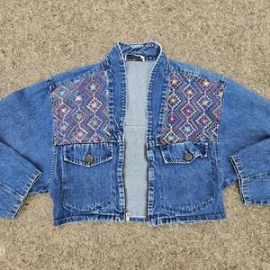 Womens S Cropped Festival Denim Jacket Small Boho Patchwork Embroidered Artsy